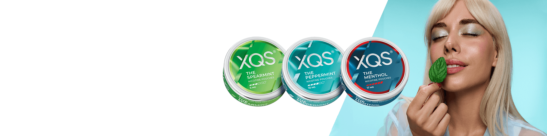 XQS Mint boxes and woman with mint leaf